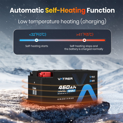 Vatrer 12V 460Ah Bluetooth Self-heating Lithium RV Battery 300A BMS