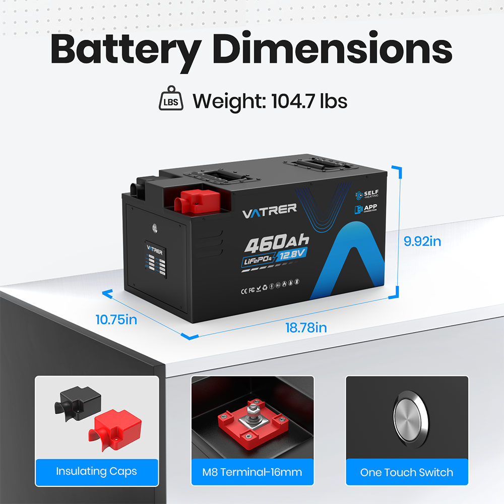 Vatrer 12V 460Ah Bluetooth Self-heating Lithium RV Battery 300A BMS