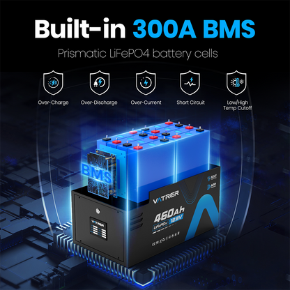 Vatrer 12V 460Ah Bluetooth Self-heating Lithium RV Battery 300A BMS