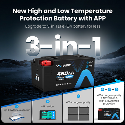 Vatrer 12V 460Ah Bluetooth Self-heating Lithium RV Battery 300A BMS