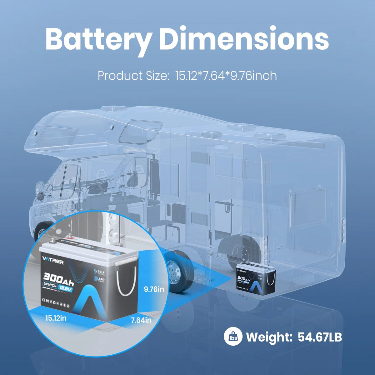 Vatrer 12V 300Ah Bluetooth Self-heating 200A BMS