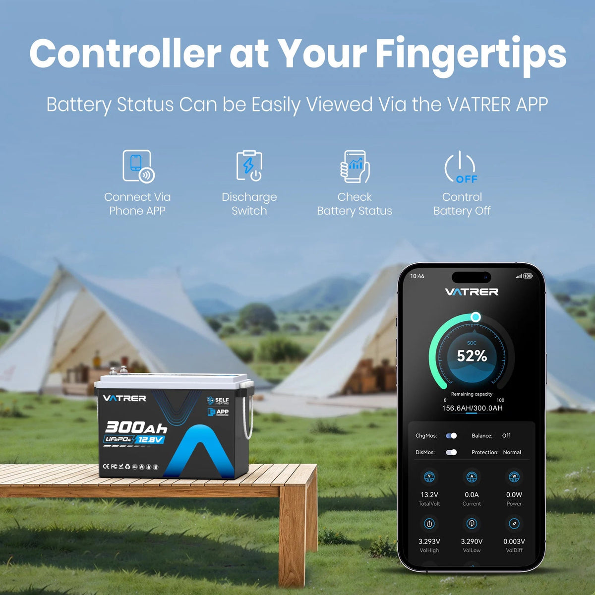 Vatrer 12V 300Ah Bluetooth Self-heating 200A BMS