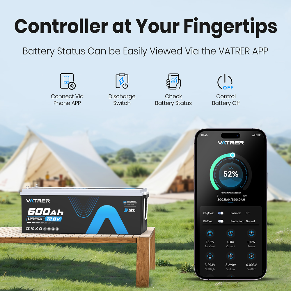 Vatrer 12V 600Ah Bluetooth Lithium RV Battery 300A BMS