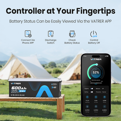 Vatrer 12V 600Ah Bluetooth Lithium RV Battery 300A BMS