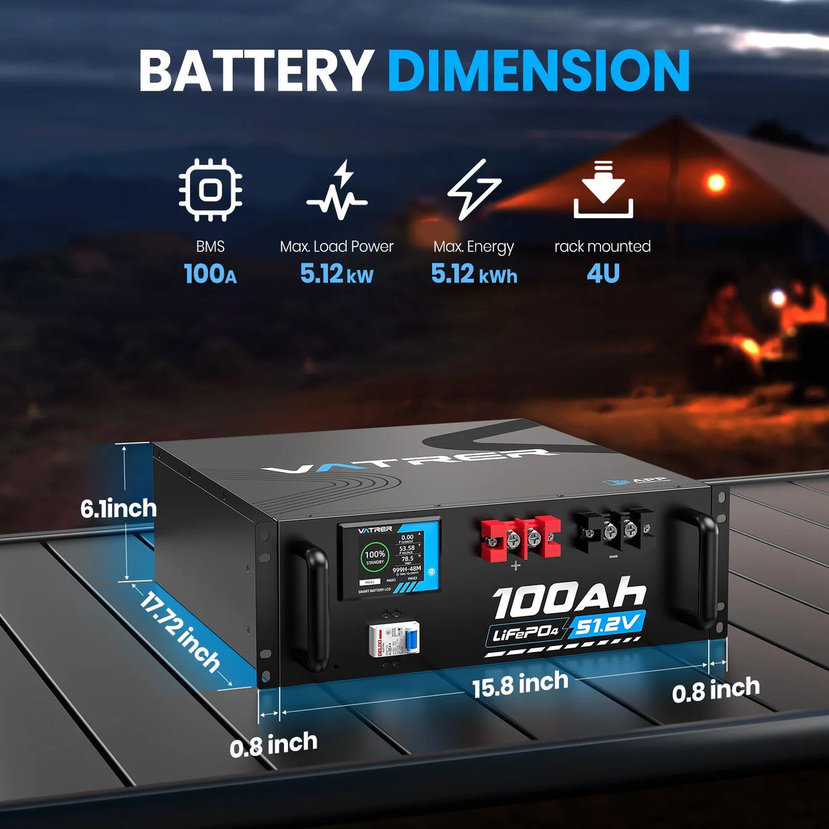 Vatrer 48V (51.2V) 100Ah WiFi Heated Server Rack Lithium Solar Battery