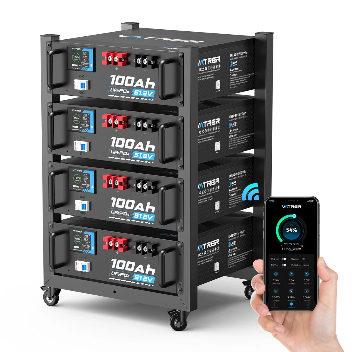 Vatrer 48V (51.2V) 100Ah WiFi Heated Server Rack Lithium Solar Battery